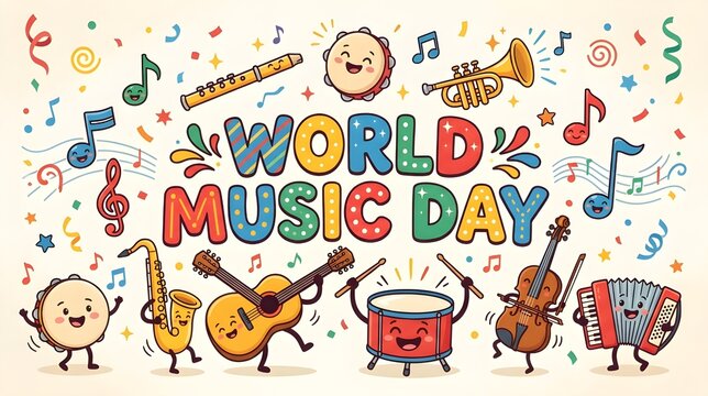World Music Day Cartoon Illustration with Cheerful Musical Characters and Festive Typography