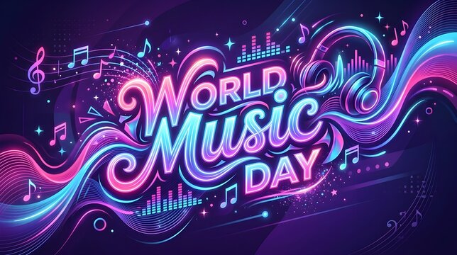 World Music Day Gradient Music Waves Illustration with Neon Typography and Abstract Sound Energy