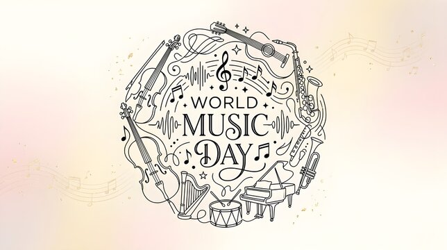 World Music Day Line Art Illustration with Continuous Musical Instrument Frame and Modern Text