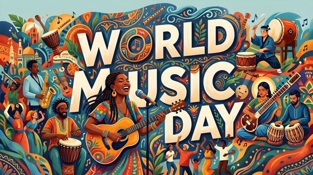 Editorial World Music Day Illustration with Contemporary Typography and Cultural Music Themes