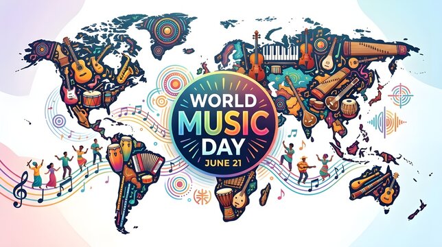 World Music Day Global Unity Illustration with Musical World Map and Celebration Typography