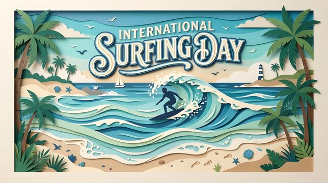 International Surfing Day Paper Cut Art Illustration with Layered Ocean Waves and Coastal Landscape