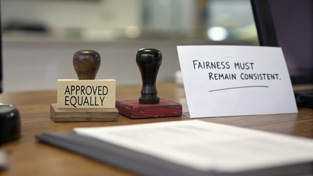 Office desk with approved stamp and fairness document