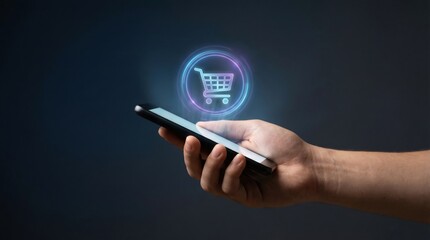 Fototapeta premium Digital shopping cart on smartphone screen with online retail marketing and logistics services concept in hand
