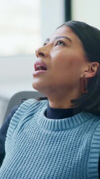 Tired, breathing and woman in call center with stress for fatigue, deadline pressure or mistake. Burnout, headset and consultant with overwork for customer service, difficult client and exhausted