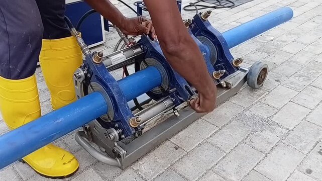 Professional Worker Clamping Blue HDPE Pipe into Manual Butt Fusion Welding Machine for Alignment and Jointing Process