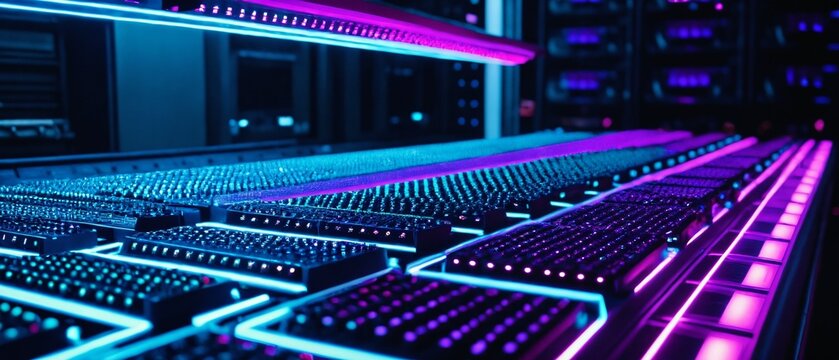 Close up of futuristic quantum computer circuit board with glowing purple light paths
