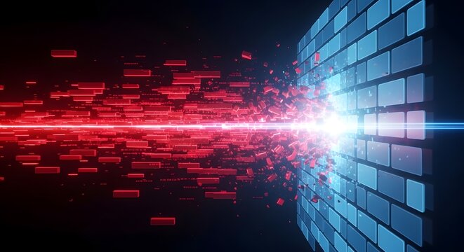 Red data stream colliding with blue grid wall