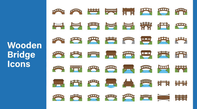 Suspension bridge icons in flat design style depict various structures