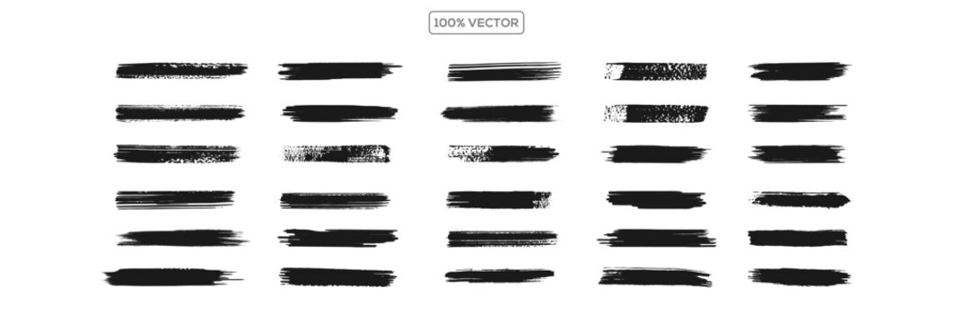 Set of bold dried brush strokes isolated on white, including grunge acrylic textures, hand-drawn thick lines, rectangles, banners
