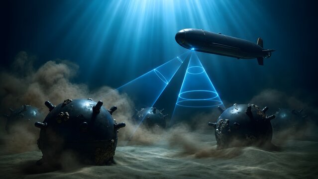 Cinematic 3D Underwater Military Scene with Naval Mines and Autonomous Drone Sonar Scan