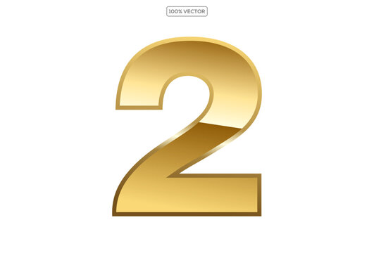  Gold numbers 2 with endings made of golden ribbons isolated on transparent background. Vector decorative design elements template