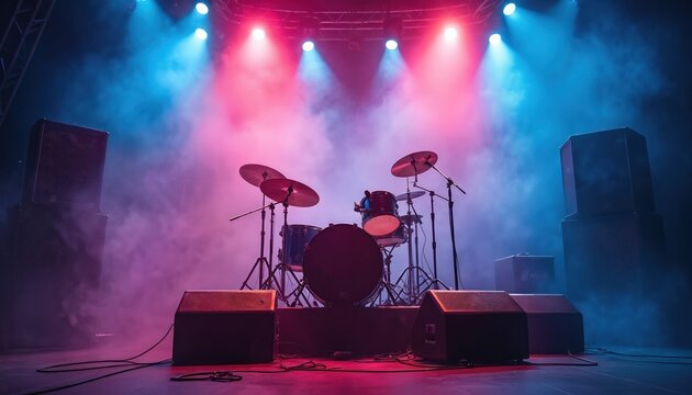 Drum kit on stage ready for rock concert. Lit by red and blue lights with smoke effects. Speakers flank the setup, creating intense atmosphere for live music performance.