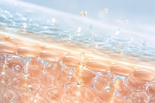 Advanced biotechnology skincare science illustration showing skin barrier absorption, cellular hydration, and organic microscopic tissue layers for premium cosmetic dermatology