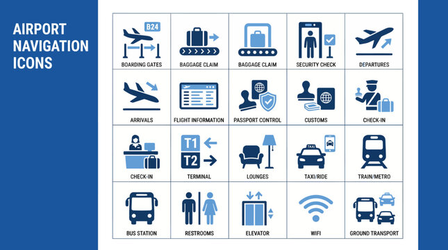 Airport navigation icons featuring various travel and transportation symbols