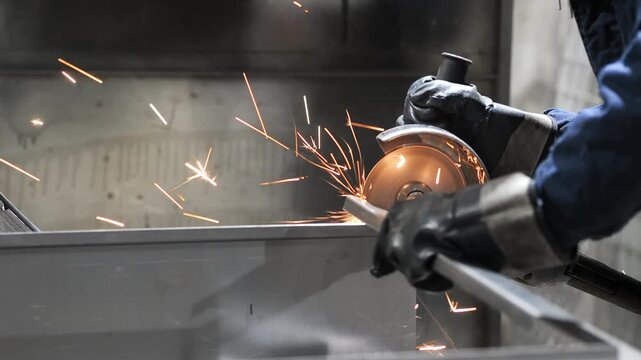 Close up of industrial worker cutting or grinding metal with angle grinder and flying sparks in workshop. Metalworking and fabrication process indoors.