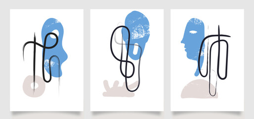 Minimal abstract portrait set featuring blue human silhouettes with black fluid line art on neutral backgrounds. Modern contemporary design ideal for posters, branding, banners, wall art, templates. © hasan