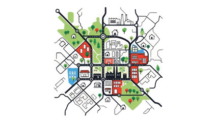 Fototapeta premium Stylized Urban Planning Map Illustration: City Layout, Road Network, Residential Zones, and Green Infrastructure