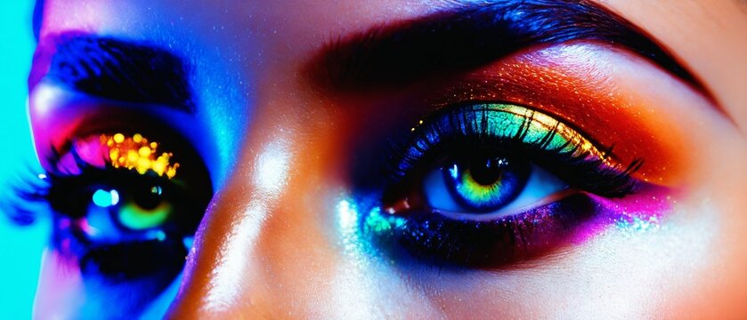 Extreme close up portrait of female model eye with dramatic colorful graphic eyeliner
