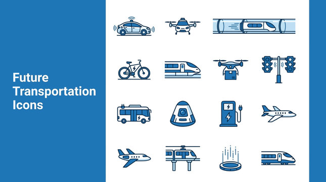 Various futuristic transportation icons displayed on a clean professional background