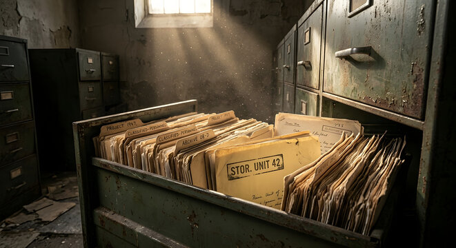 An open metal filing cabinet drawer filled with old folders in a dark room
