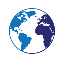 Obraz premium Blue world globe icon with dark blue outline and continents international communication continents