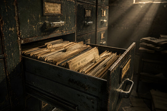 An open metal filing cabinet drawer filled with old folders in a dark room