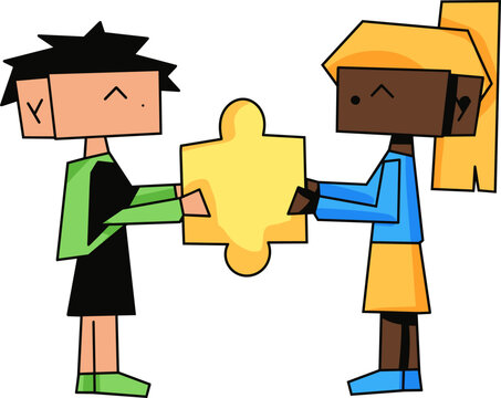 Vector illustration of two cartoon children holding a puzzle piece together