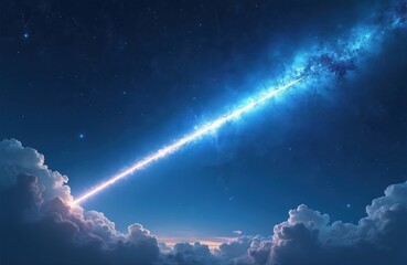 Obraz premium Bright glowing meteor streaks across starry night sky above clouds. Cosmic energy trails through dark blue nebula. Celestial event illuminates universe with light.