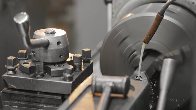 Close up of industrial metal lathe machine machining steel part with coolant liquid in factory. Precision metalworking and manufacturing process.