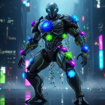 Sci-fi robot warrior in neon cyberpunk city.