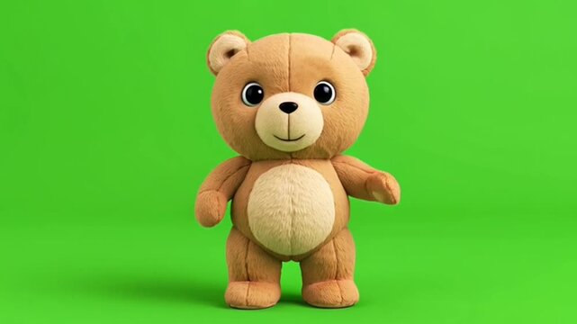 3D animated brown teddy bear standing against a solid green screen background