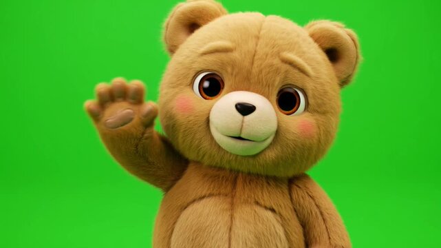Friendly 3D animated teddy bear waving paw on a green screen