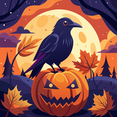 Naklejka premium Crow on a Halloween Pumpkin Under the Full Moon