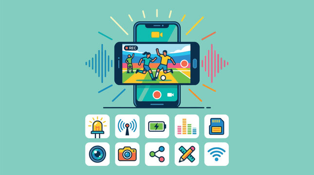 Flat vector illustration of a smartphone recording a live soccer match with players on the field, featuring audio wave graphics and ten digital technology and app feature icons.