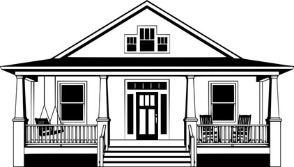 Obraz premium Elegant black and white flat illustration of a traditional front porch style house with porch swing and chairs isolated on white background 