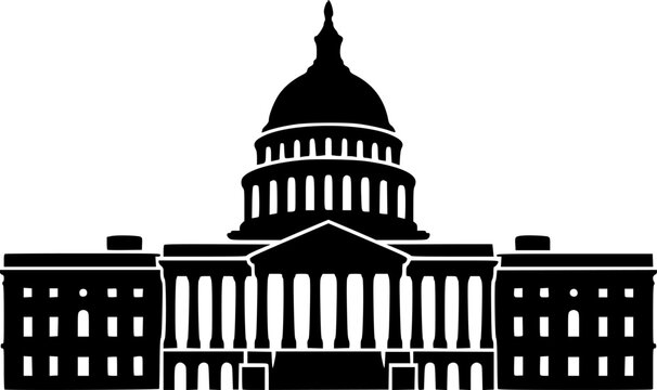Minimalist flat vector silhouette of grand neoclassical government building with columns and dome isolated on white background
