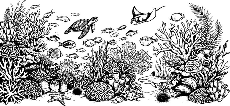 Detailed black and white underwater coral reef flat illustration with sea plants and marine life isolated on white background
