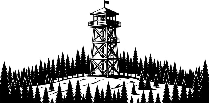 Black and white flat illustration of a fire watchtower surrounded by pine trees on a clear landscape isolated on white background

