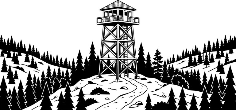 Black and white flat illustration of a fire watchtower surrounded by pine trees on a clear landscape isolated on white background
