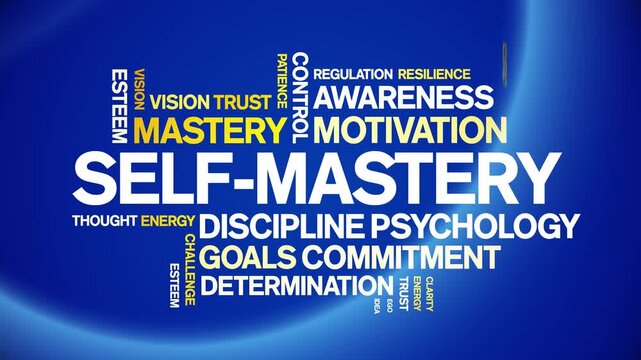 Self-Mastery animated word cloud-text design animation tag kinetic typography seamless loop.