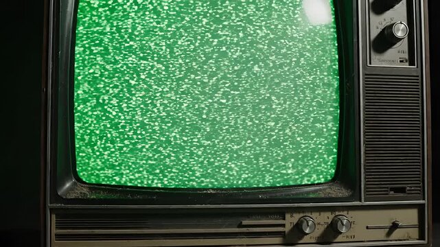 Vintage Television Screen Displaying Static Noise Green Hue.