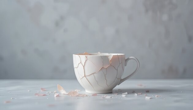 A cracked ceramic cup on a textured surface with delicate shards surrounding it.