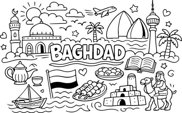 baghdad Iraq cartoon outline hand drawn Line Art illustration doodle art coloring page for kids