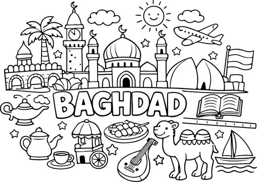 baghdad Iraq cartoon outline hand drawn Line Art illustration doodle art coloring page for kids