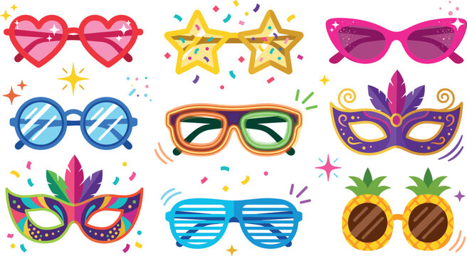 Party Glasses and Mask Vector Illustration Set with Heart, Star, Cat Eye, Round, Shutter Shades, Pineapple Glasses, and Colorful Masquerade Masks with Confetti for Celebration Projects
