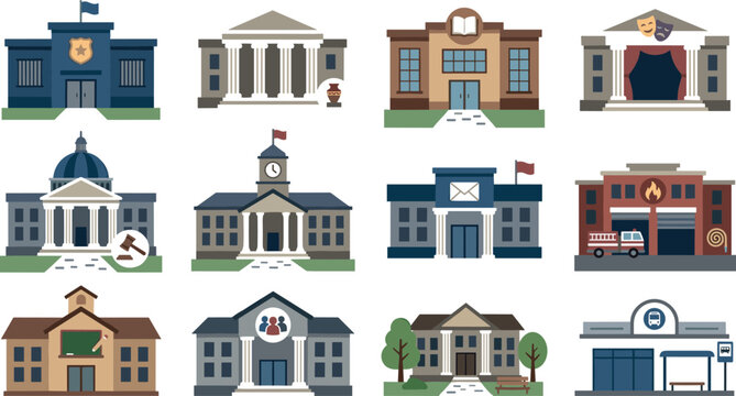 Public Building Illustration Featuring Civic and Community Scenes in Vector Artwork