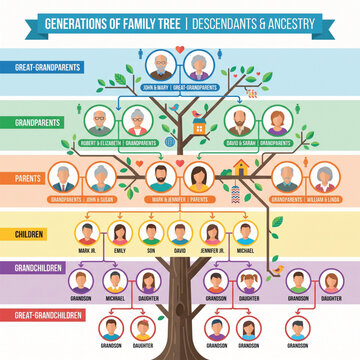 Colorful infographic visualizing a comprehensive family tree, tracing multi-generational ancestry, descendants, and the interconnected familial relationships across different generations