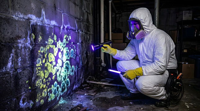 Mold inspector using UV blacklight in basement revealing toxic wall contamination