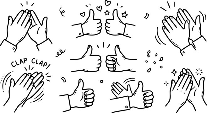 Clapping hands. non Colorful doodle hands clapping and giving thumbs up, appreciation and approval concept. Applause claps for celebration of success hand drawn vector illustration.